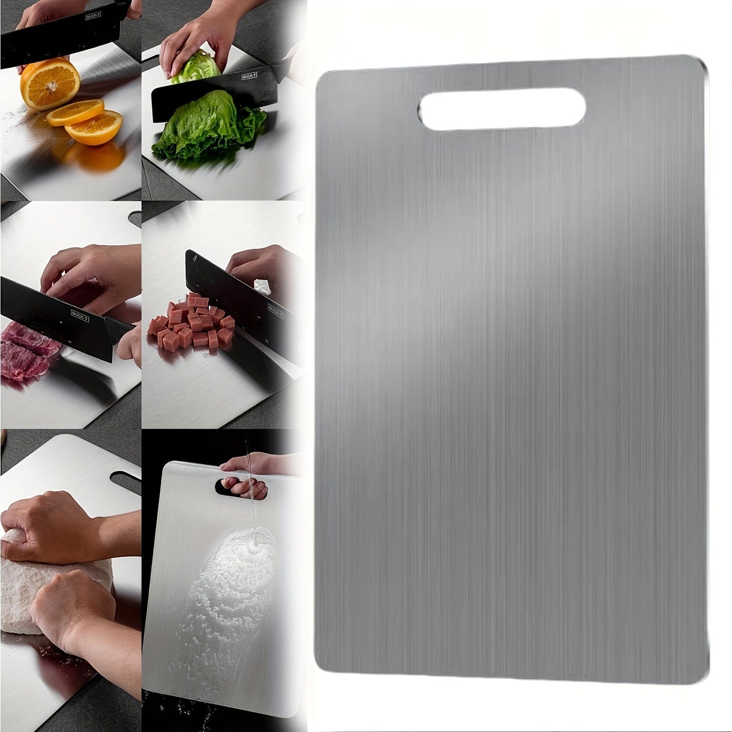 High-quality 304 stainless steel kitchen cutting board - featuring dual-sided surface, food-safe materials - perfect for cutting meat, fruit, and vegetables - easy to clean and portable for convenient use in home cooking - ready for food contact.