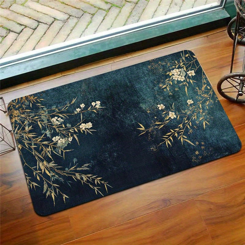 Elegant Rectangular Entryway Rug with Floral and Branch Design, 8mm Thick - Machine Washable, Perfect for Living Room, Bedroom, Kitchen, and Bathroom - Multiple Sizes Available