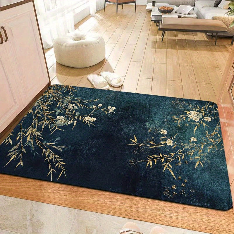 Elegant Rectangular Entryway Rug with Floral and Branch Design, 8mm Thick - Machine Washable, Perfect for Living Room, Bedroom, Kitchen, and Bathroom - Multiple Sizes Available