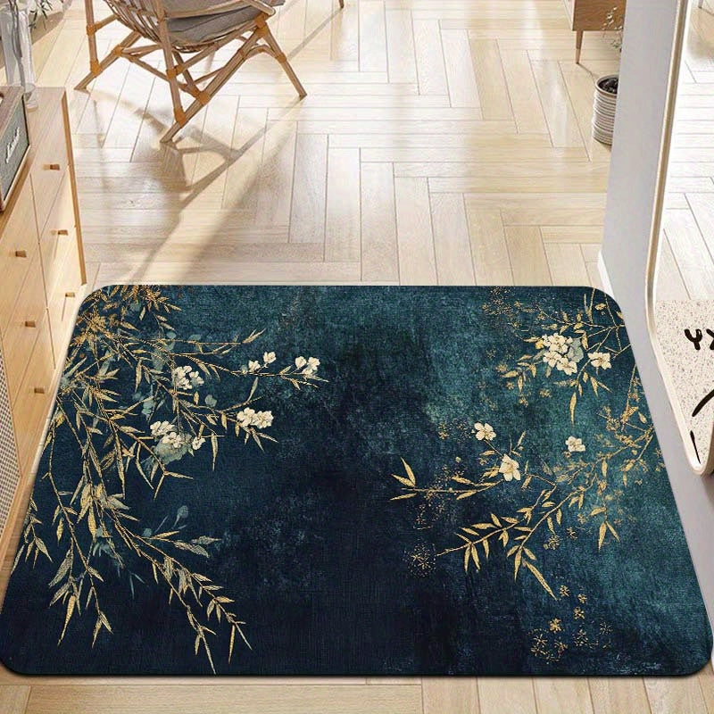 Elegant Rectangular Entryway Rug with Floral and Branch Design, 8mm Thick - Machine Washable, Perfect for Living Room, Bedroom, Kitchen, and Bathroom - Multiple Sizes Available