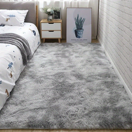 Soft light gray tie-dye shaggy area rug ideal for living room and bedroom - Non-slip, shed-resistant faux fur made of plush polyester for easy care and perfect home decor.