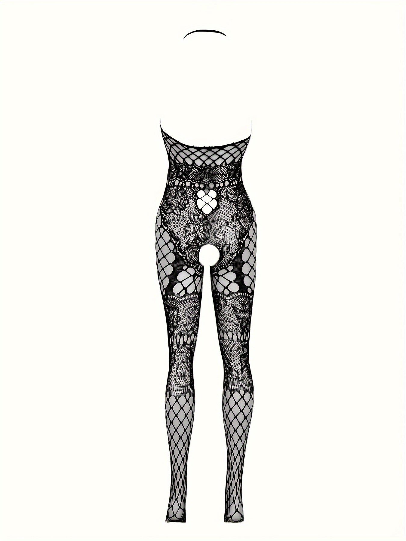 Seductive fishnet bodysuit with crotchless feature, floral jacquard design, and halter backless style. Made of nylon and spandex, hand washable. Women's lingerie.