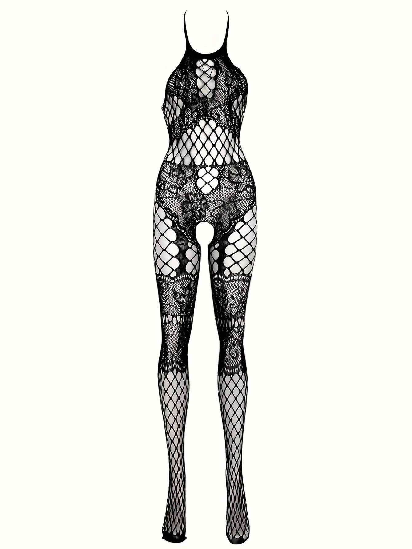 Seductive fishnet bodysuit with crotchless feature, floral jacquard design, and halter backless style. Made of nylon and spandex, hand washable. Women's lingerie.