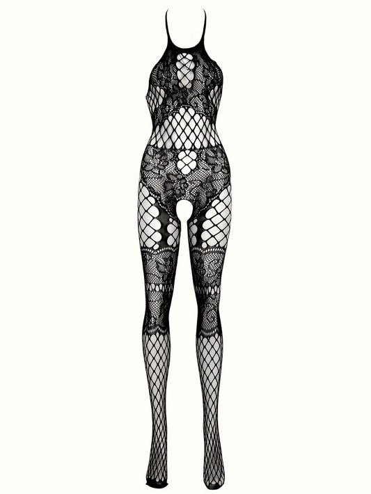 Seductive fishnet bodysuit with crotchless feature, floral jacquard design, and halter backless style. Made of nylon and spandex, hand washable. Women's lingerie.