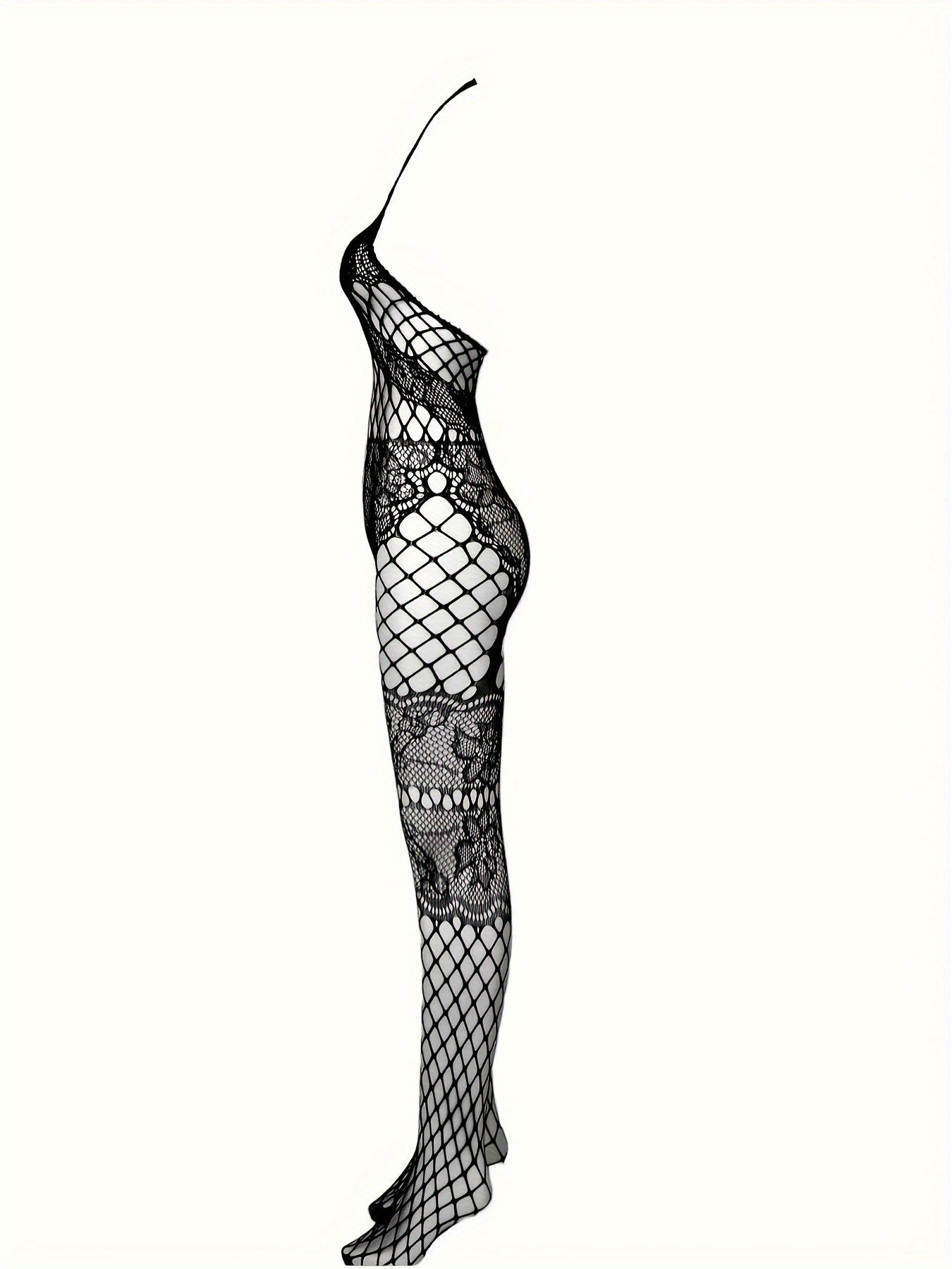 Seductive fishnet bodysuit with crotchless feature, floral jacquard design, and halter backless style. Made of nylon and spandex, hand washable. Women's lingerie.