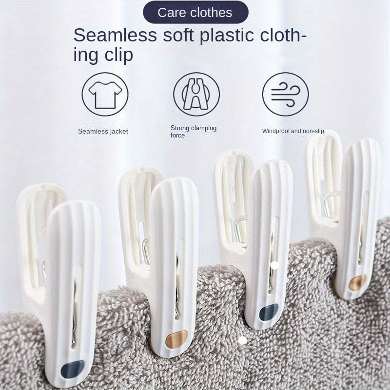 Pack of 12 Windproof Clothespins featuring a Soft Grip, Plastic Laundry Clips, High Clamping Force, Non-Slip Clothing Pegs, and Thickened Metal Spring for securing Socks, Sheets, and Garments.