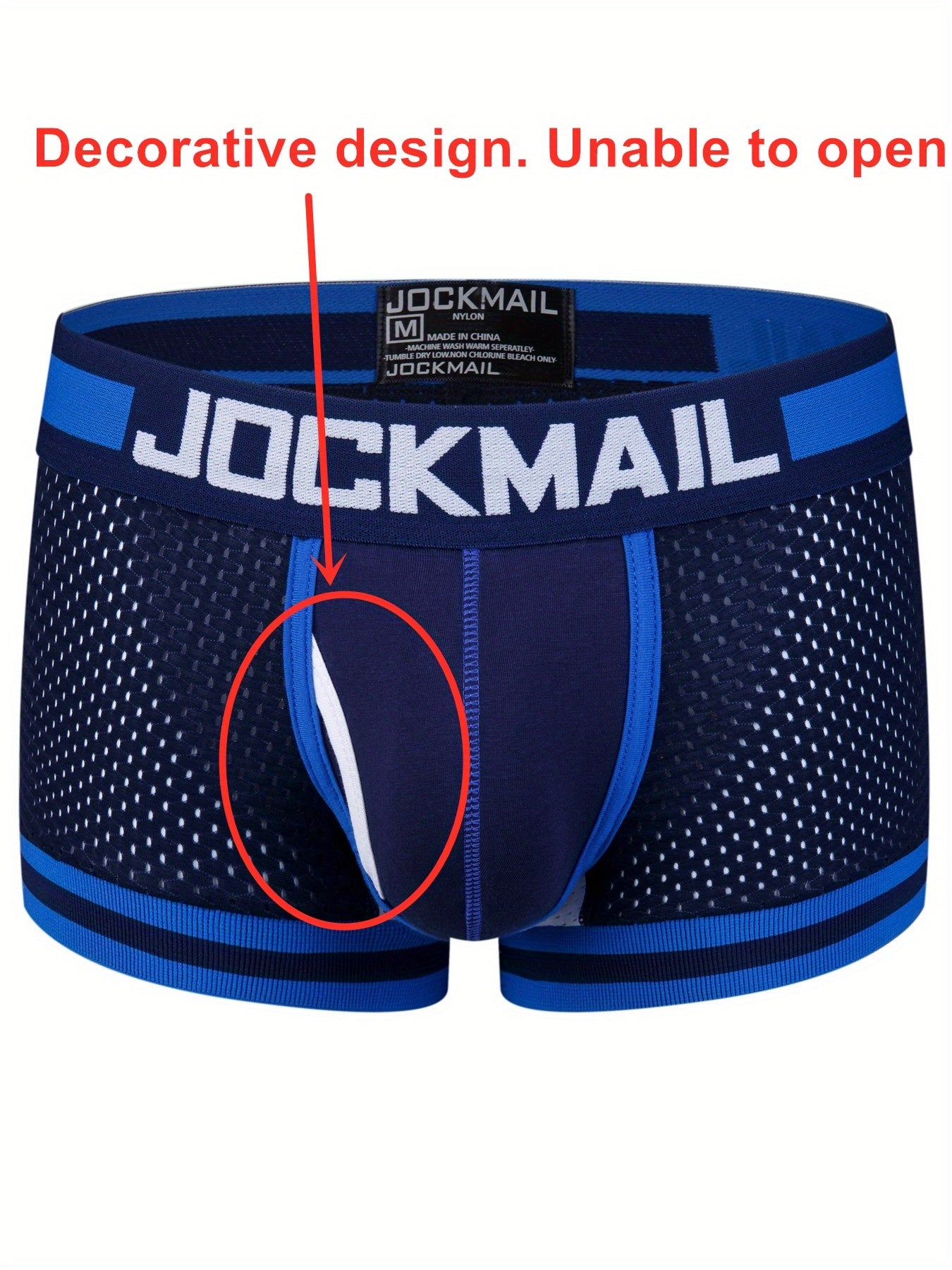 Set of 3 JOCKMAIL Men's Boxer Briefs in Black, White, & Blue with low waist, breathable mesh, color block design, and elastic waistband & cuffs