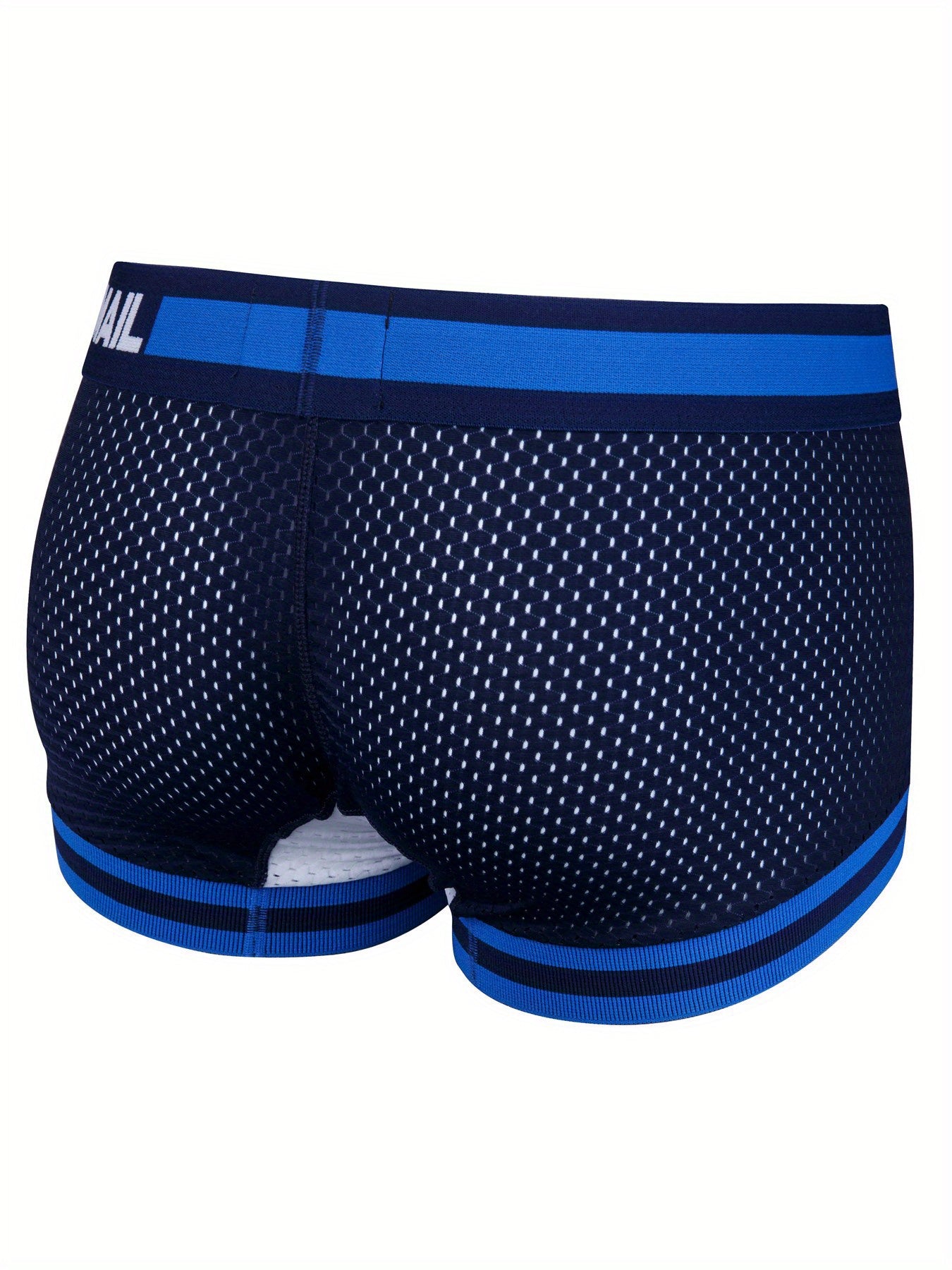 Set of 3 JOCKMAIL Men's Boxer Briefs in Black, White, & Blue with low waist, breathable mesh, color block design, and elastic waistband & cuffs