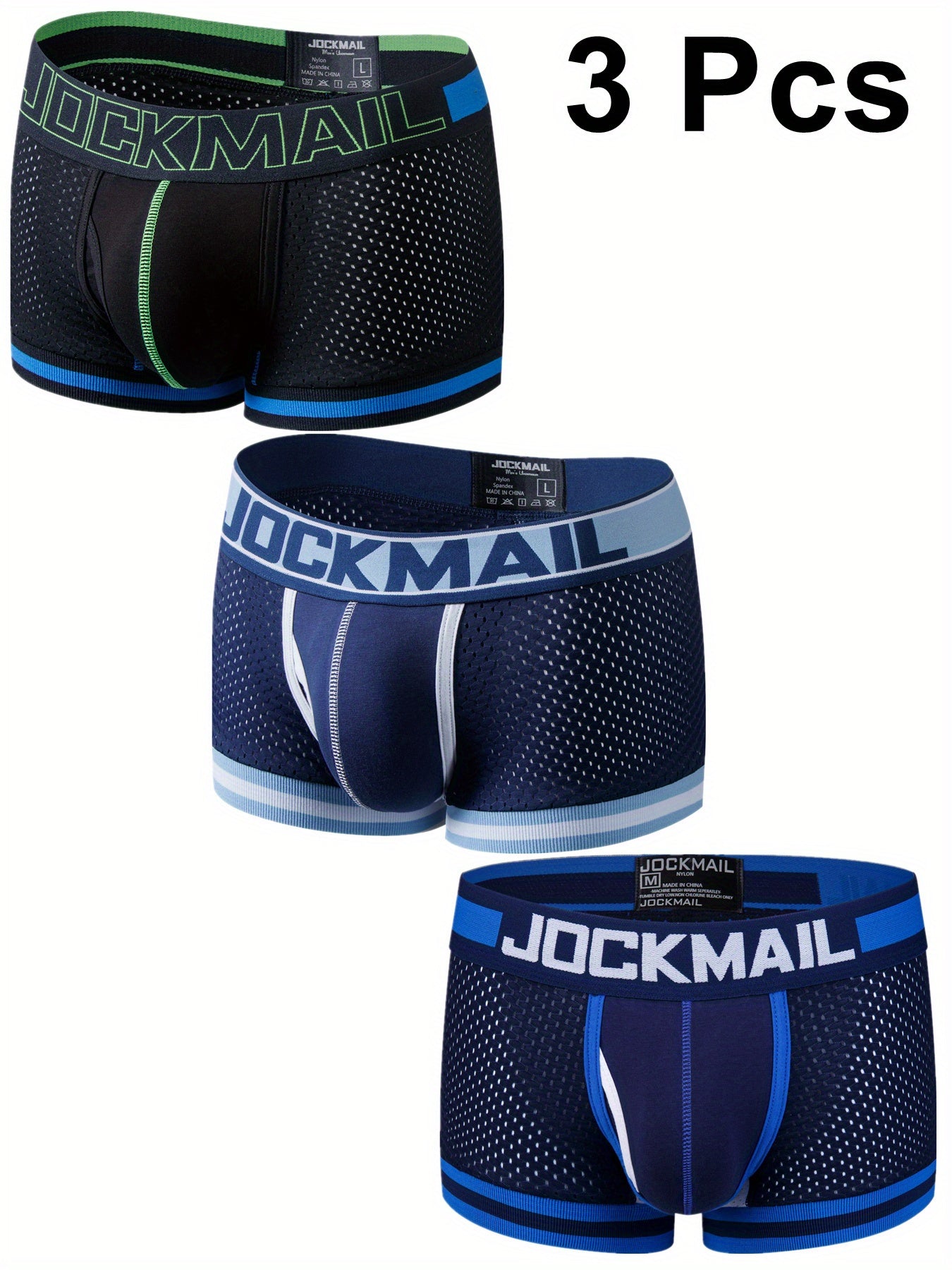 Set of 3 JOCKMAIL Men's Boxer Briefs in Black, White, & Blue with low waist, breathable mesh, color block design, and elastic waistband & cuffs