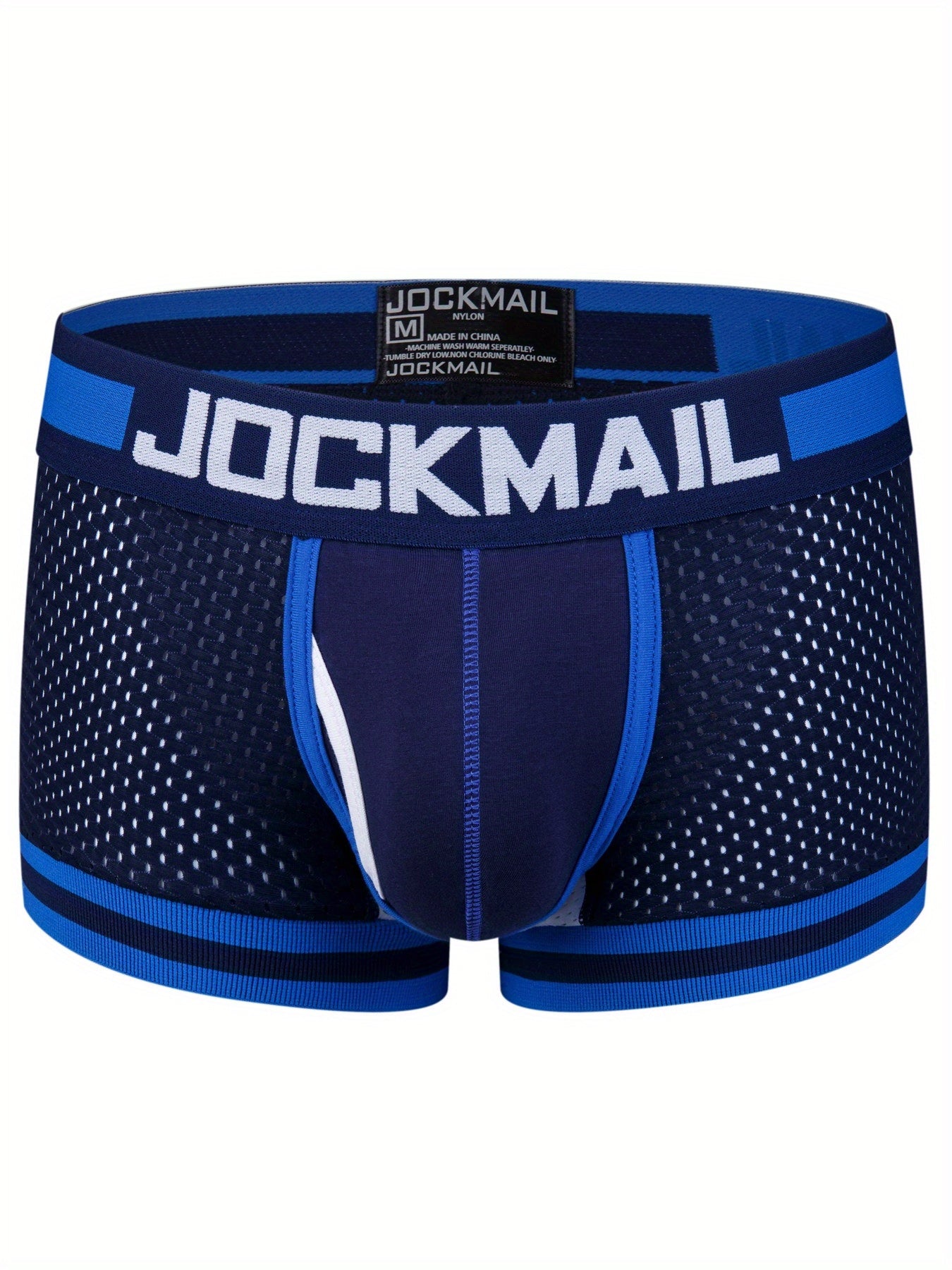 Set of 3 JOCKMAIL Men's Boxer Briefs in Black, White, & Blue with low waist, breathable mesh, color block design, and elastic waistband & cuffs