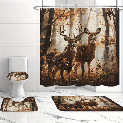 Deer pattern shower curtain set with 12 hooks, non-slip mats, and home decor, 180.34*180.34cm.