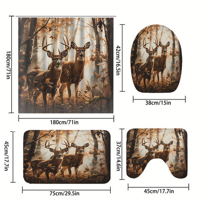 Deer pattern shower curtain set with 12 hooks, non-slip mats, and home decor, 180.34*180.34cm.