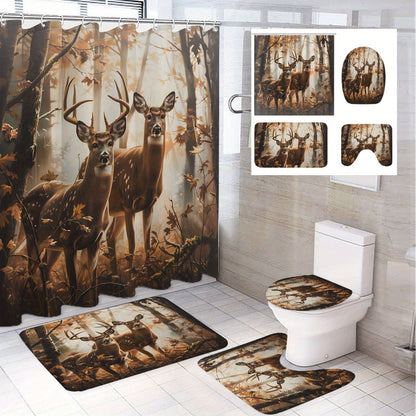 Deer pattern shower curtain set with 12 hooks, non-slip mats, and home decor, 180.34*180.34cm.