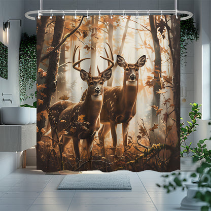 Deer pattern shower curtain set with 12 hooks, non-slip mats, and home decor, 180.34*180.34cm.