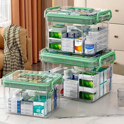 Transparent acrylic medicine organizer with multiple layers for home and emergency pill storage.