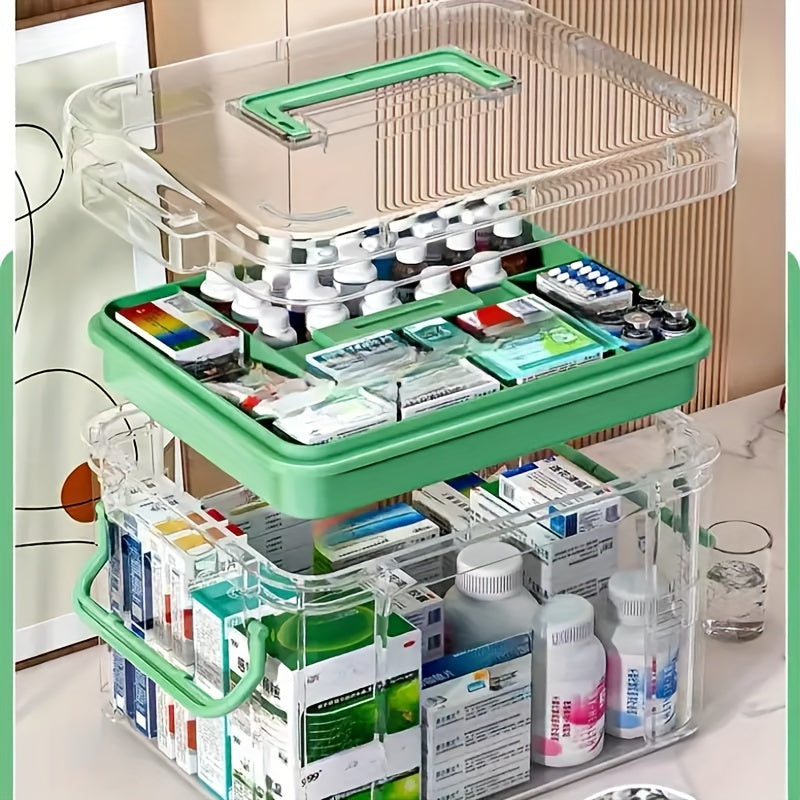 Transparent acrylic medicine organizer with multiple layers for home and emergency pill storage.