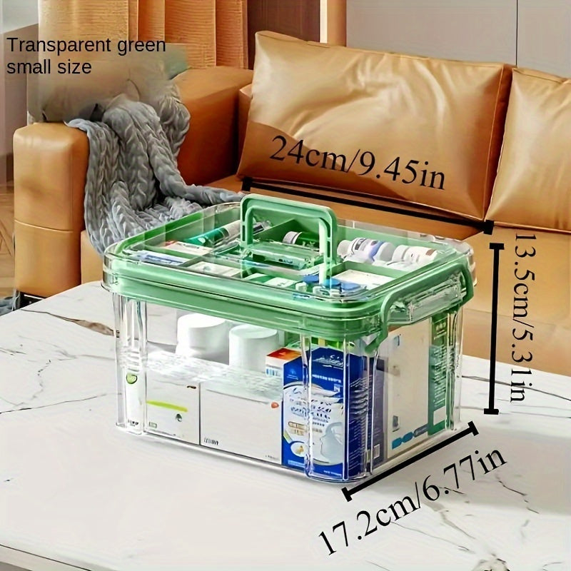 Transparent acrylic medicine organizer with multiple layers for home and emergency pill storage.