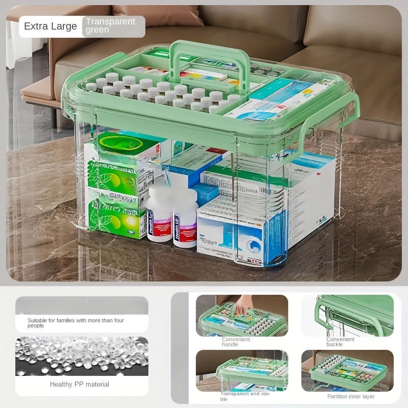 Transparent acrylic medicine organizer with multiple layers for home and emergency pill storage.