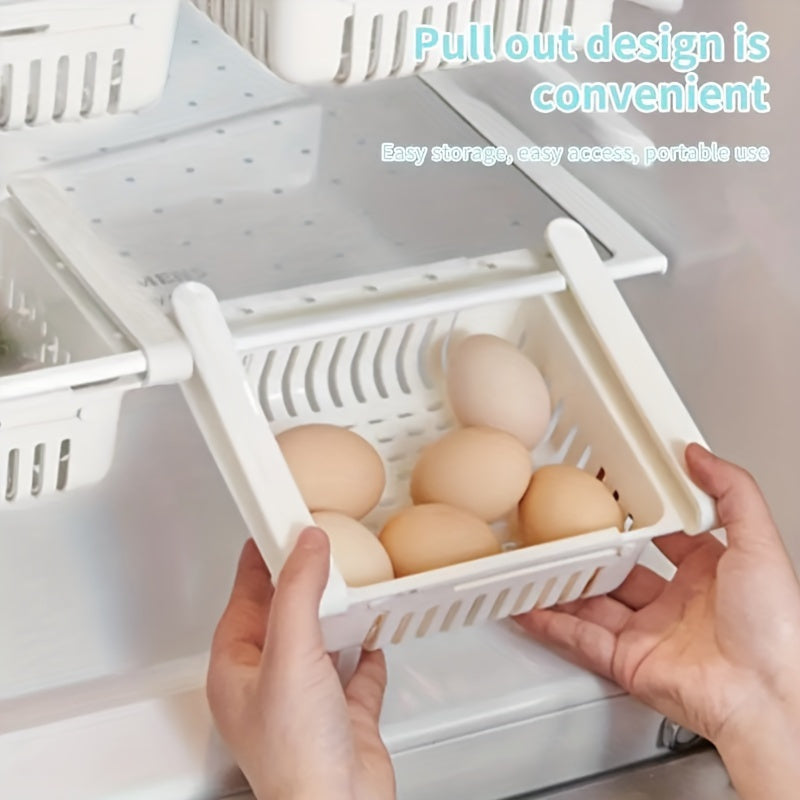 Get your hands on the 1pc Adjustable & Retractable Tiered Shelf Organizer designed specifically for refrigerators. This space-saving, multifunctional storage solution is made from durable plastic and is perfect for storing fruits, vegetables, and eggs.