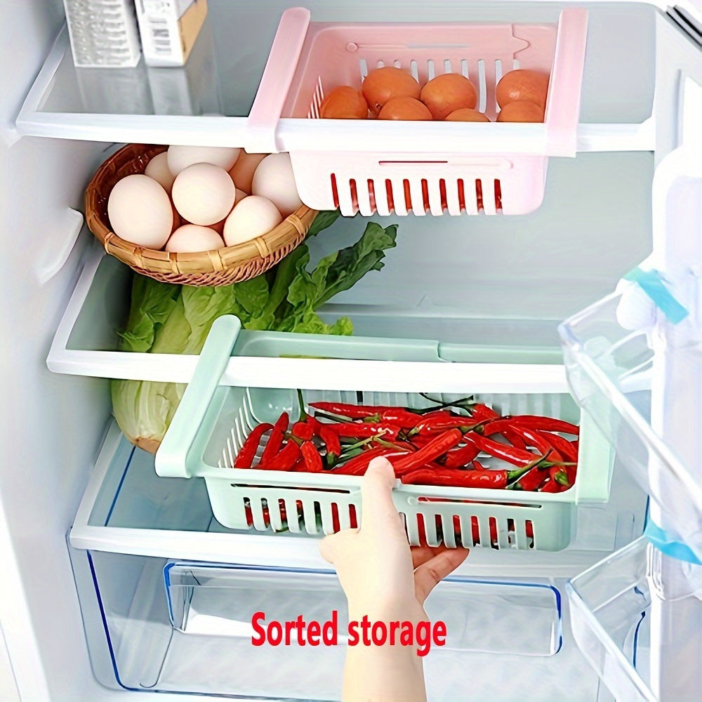 Get your hands on the 1pc Adjustable & Retractable Tiered Shelf Organizer designed specifically for refrigerators. This space-saving, multifunctional storage solution is made from durable plastic and is perfect for storing fruits, vegetables, and eggs.