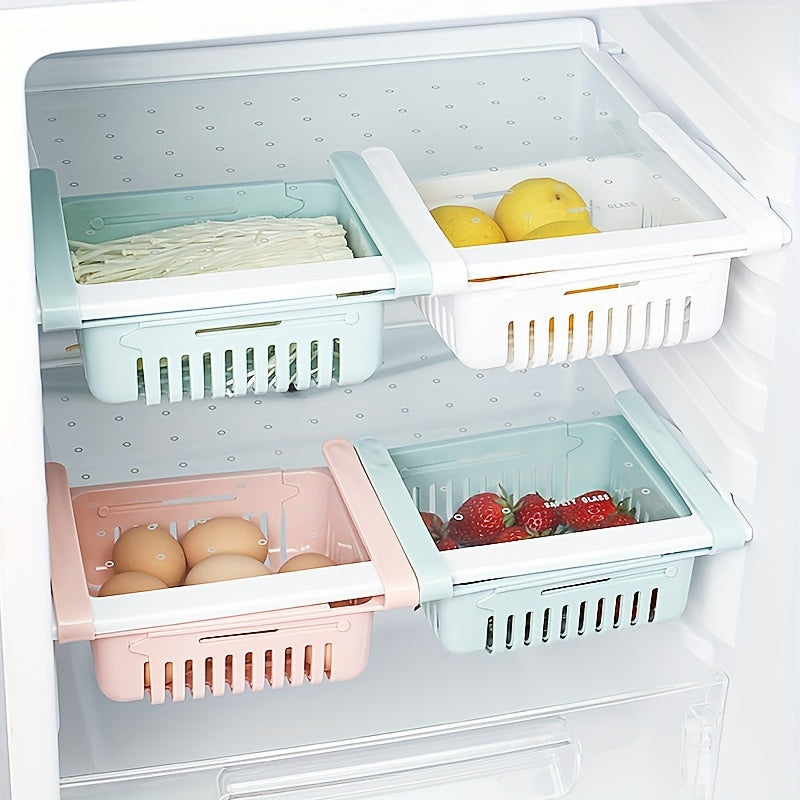 Get your hands on the 1pc Adjustable & Retractable Tiered Shelf Organizer designed specifically for refrigerators. This space-saving, multifunctional storage solution is made from durable plastic and is perfect for storing fruits, vegetables, and eggs.