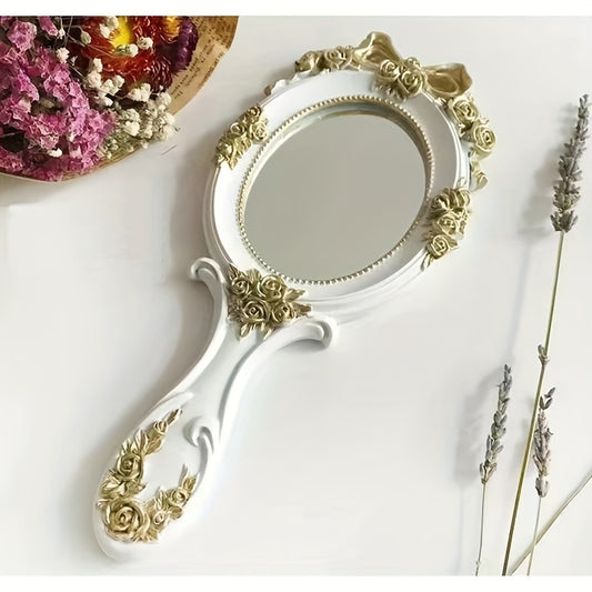 European vintage princess design handheld makeup mirror with portable ceramic surface, tabletop mount, foldable, and no electricity required.