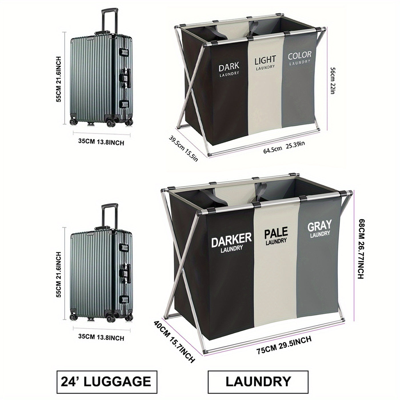 Large 3-Compartment Laundry Hamper with Durable Aluminum Frame and Stylish Foldable Design - Includes 3 Liners for Bathroom, Bedroom, and Home Organization