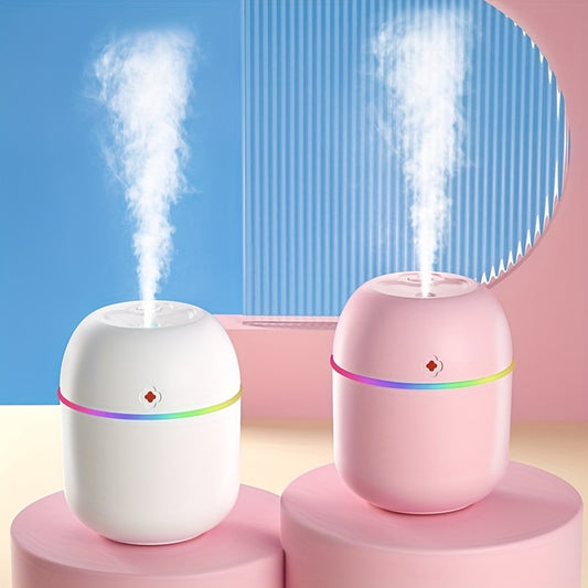 USB humidifier suitable for various spaces, including bedroom, living room, desk, and car, with an aromaRelax feature and colorful atmosphere light.