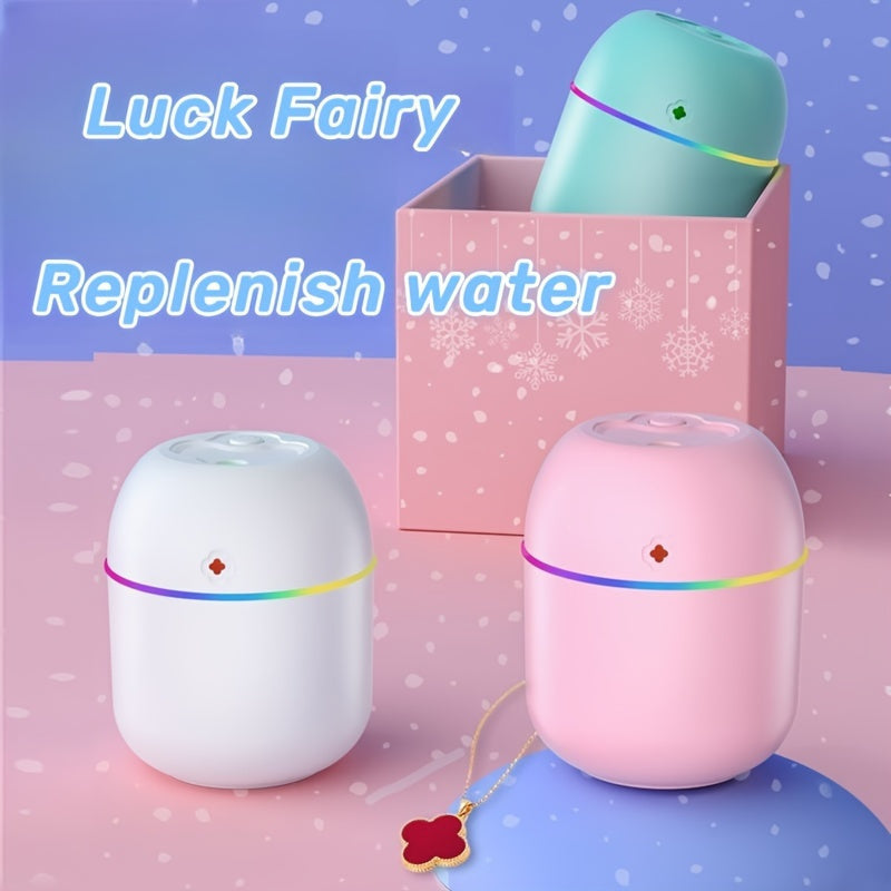 USB humidifier suitable for various spaces, including bedroom, living room, desk, and car, with an aromaRelax feature and colorful atmosphere light.