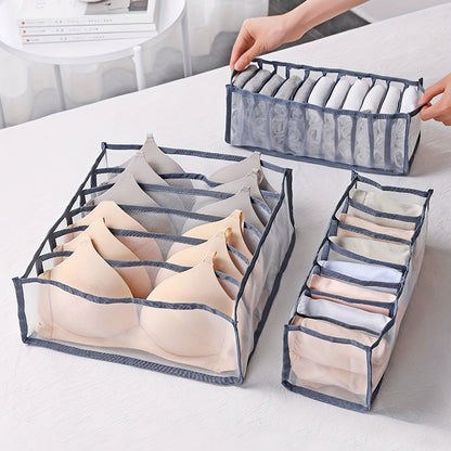 Set of 3 fabric underwear organizers, perfect for separating bras and panties in your drawers. Keep your wardrobe neat and tidy with this multi-compartment drawer divider. A great solution for storing clothes in your home.