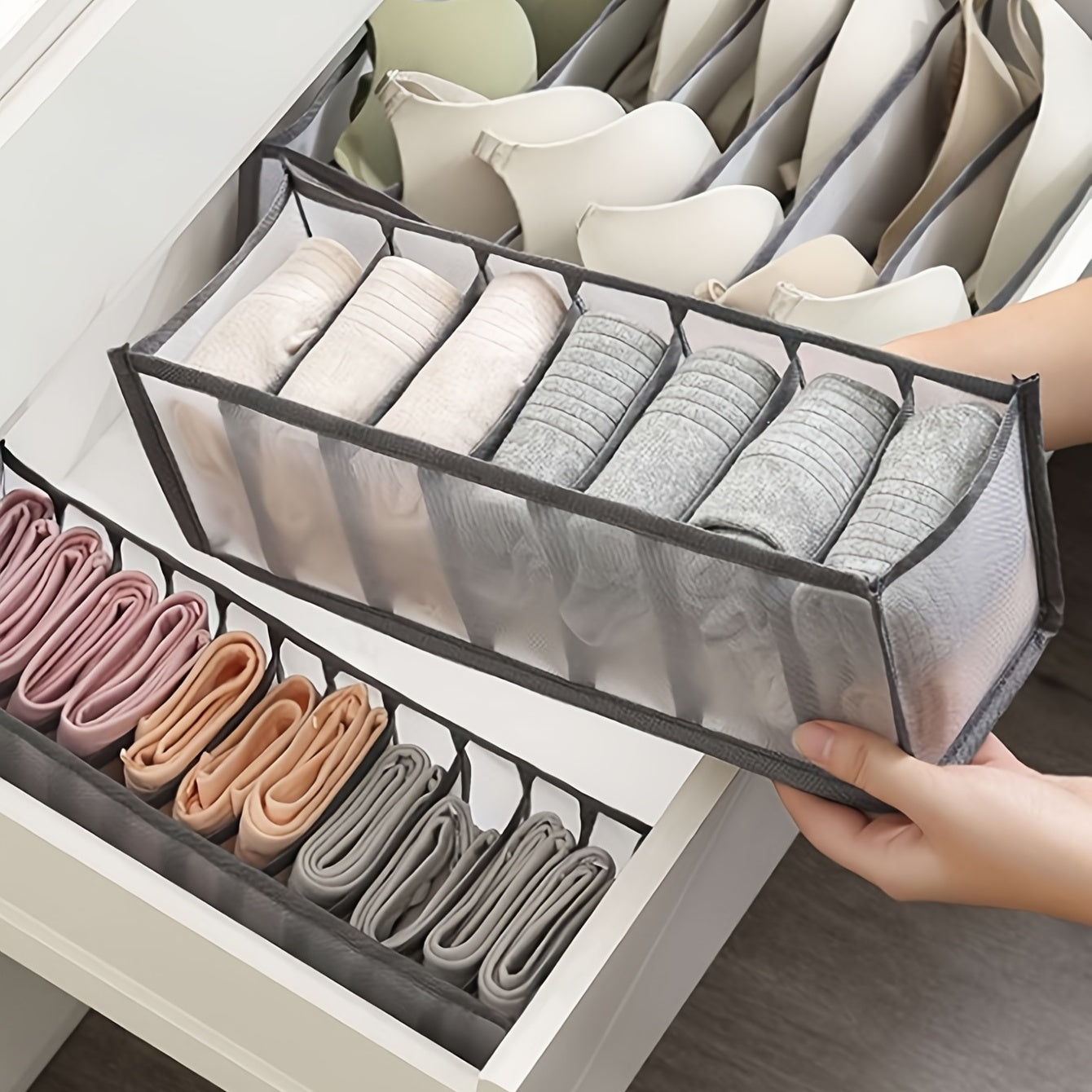 Set of 3 fabric underwear organizers, perfect for separating bras and panties in your drawers. Keep your wardrobe neat and tidy with this multi-compartment drawer divider. A great solution for storing clothes in your home.