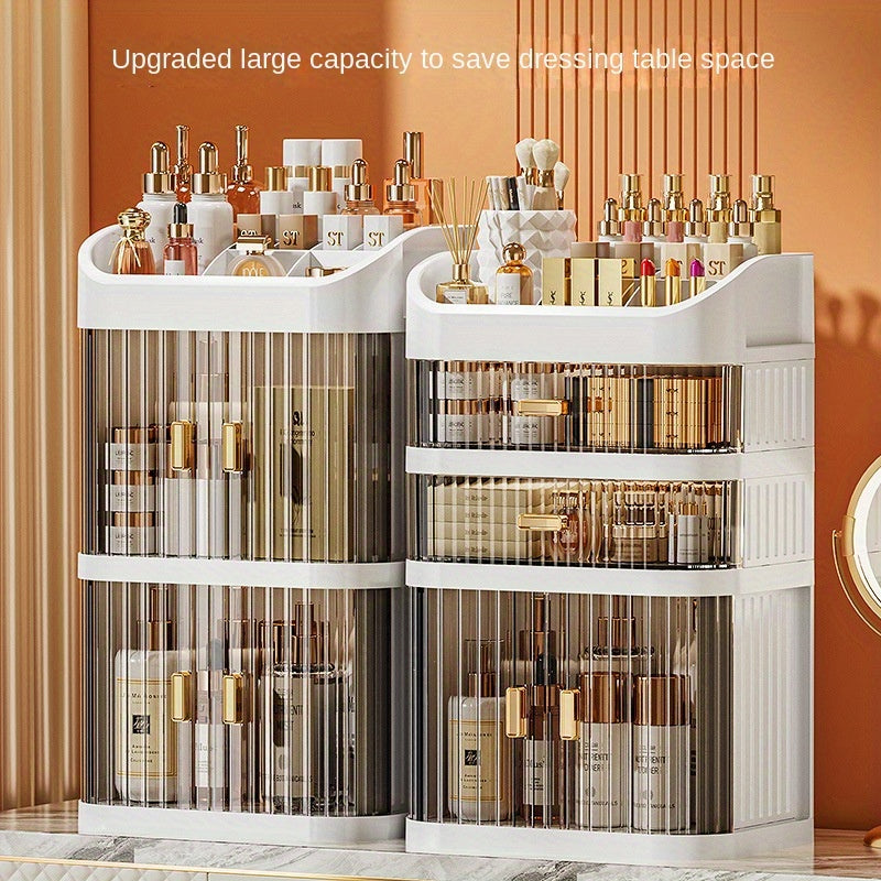 Transparent cosmetic organizer for makeup and skincare with multi-layer sliding drawer storage, perfect for lipstick and lightweight plastic vanity cabinet.