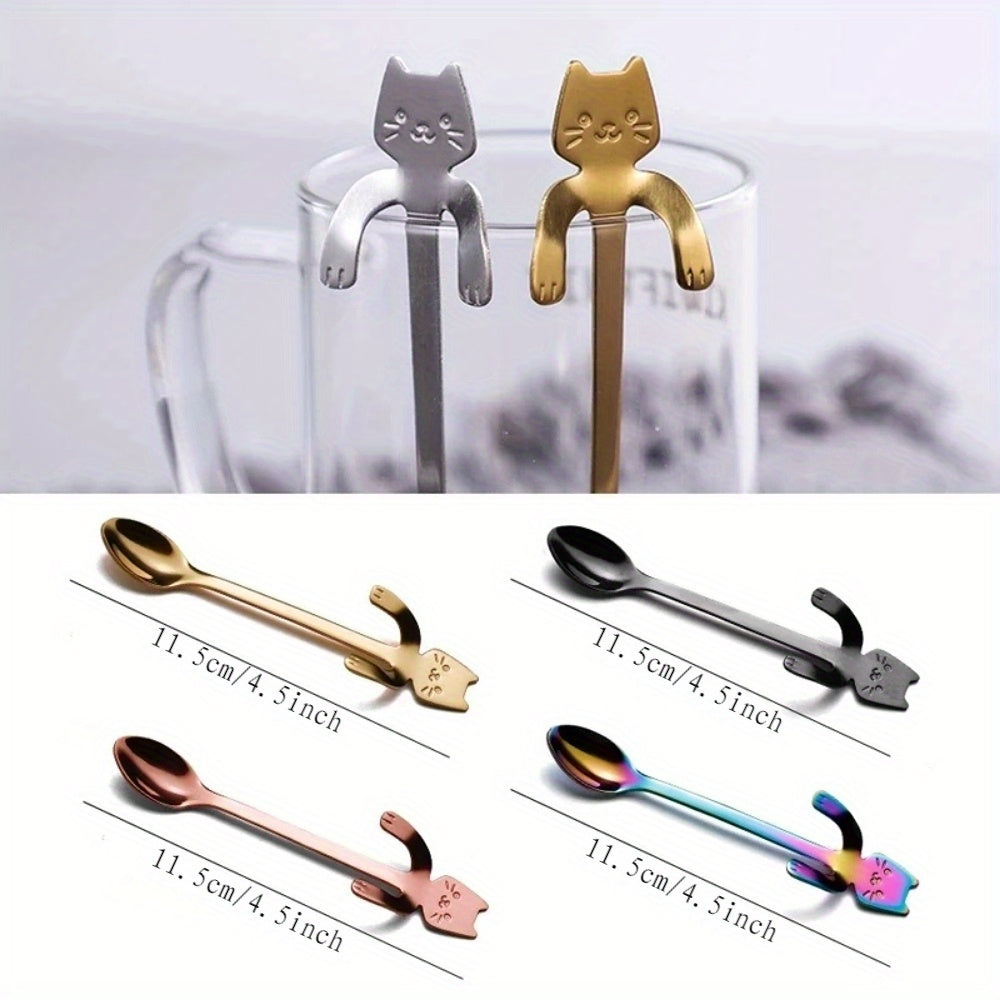 Stainless steel cat shaped coffee spoons set, ideal gift for cat lovers.