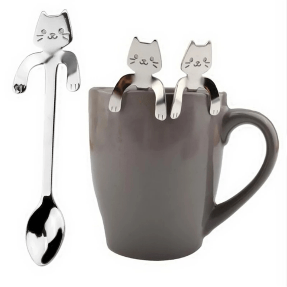 Stainless steel cat shaped coffee spoons set, ideal gift for cat lovers.