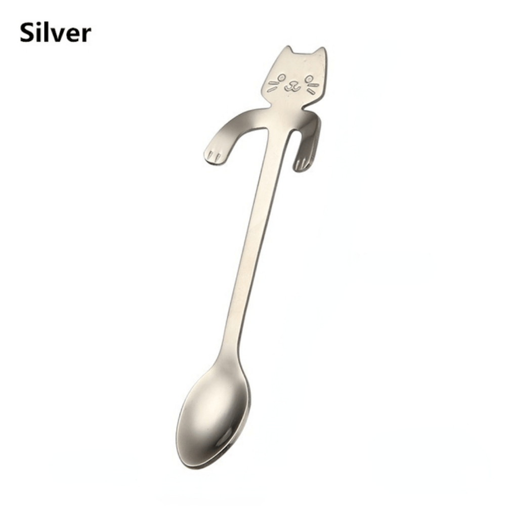 Stainless steel cat shaped coffee spoons set, ideal gift for cat lovers.