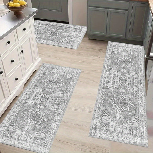 3-piece washable kitchen rug set with boho chic design for various spaces, made with durable polyester and TPR backing.