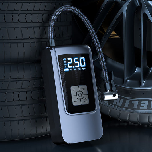 Portable cordless air compressor with digital gauge, USB Type-C charging, and rechargeable lithium battery for inflating tires, sports balls, and more.