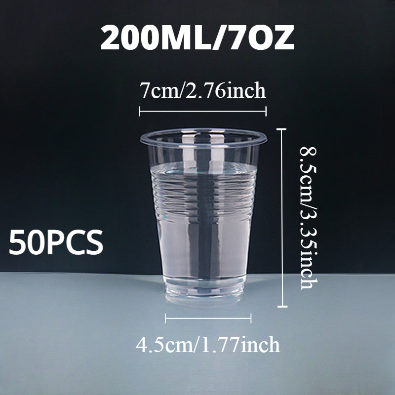 50 to 100 pieces of high-quality disposable plastic cups, with a clear design suitable for serving snacks, fruits, and cold drinks. These cups are recyclable and are perfect for use at home parties, restaurants, picnics, and other events.