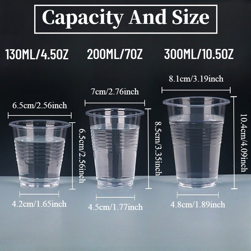 50 to 100 pieces of high-quality disposable plastic cups, with a clear design suitable for serving snacks, fruits, and cold drinks. These cups are recyclable and are perfect for use at home parties, restaurants, picnics, and other events.