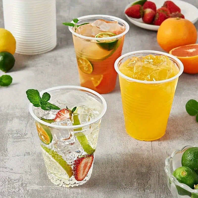 50 to 100 pieces of high-quality disposable plastic cups, with a clear design suitable for serving snacks, fruits, and cold drinks. These cups are recyclable and are perfect for use at home parties, restaurants, picnics, and other events.