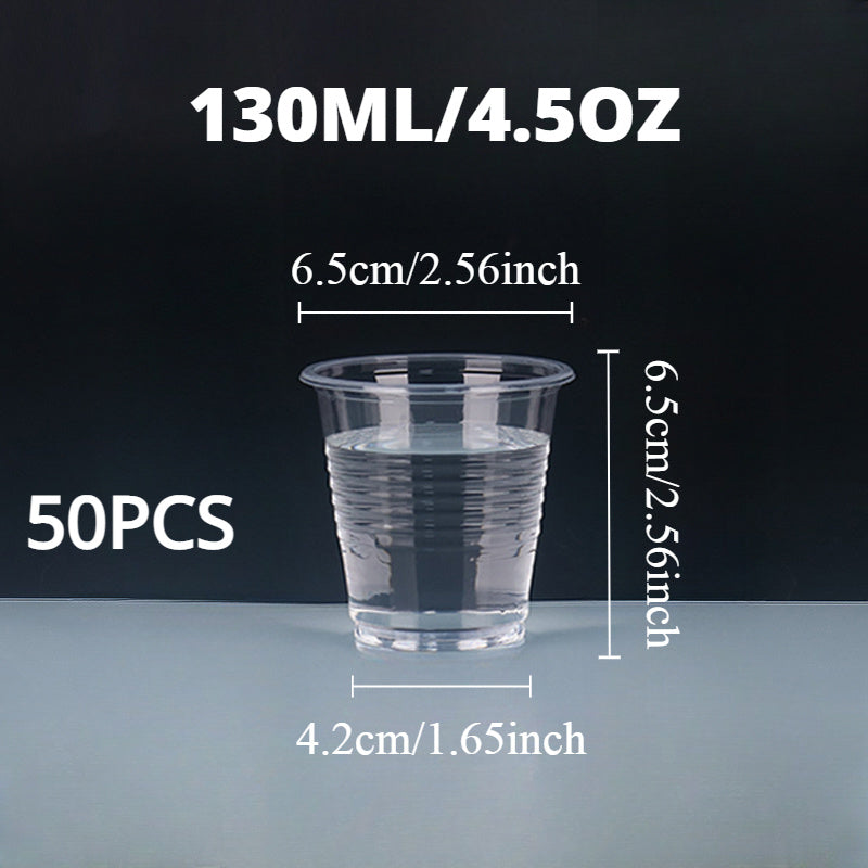 50 to 100 pieces of high-quality disposable plastic cups, with a clear design suitable for serving snacks, fruits, and cold drinks. These cups are recyclable and are perfect for use at home parties, restaurants, picnics, and other events.