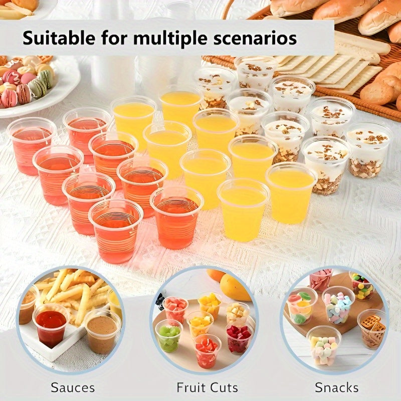 50 to 100 pieces of high-quality disposable plastic cups, with a clear design suitable for serving snacks, fruits, and cold drinks. These cups are recyclable and are perfect for use at home parties, restaurants, picnics, and other events.