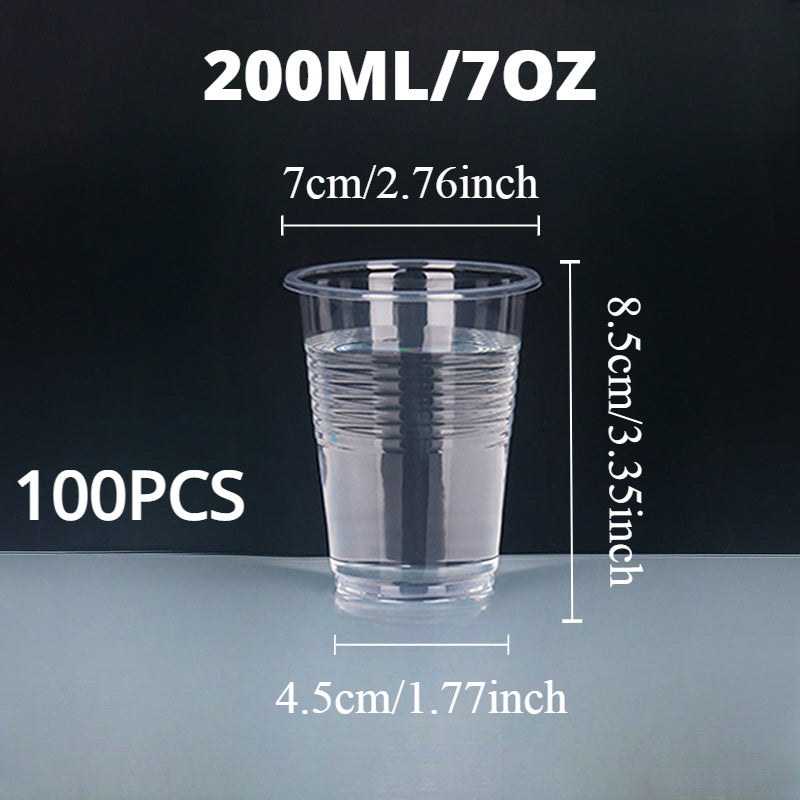 50 to 100 pieces of high-quality disposable plastic cups, with a clear design suitable for serving snacks, fruits, and cold drinks. These cups are recyclable and are perfect for use at home parties, restaurants, picnics, and other events.