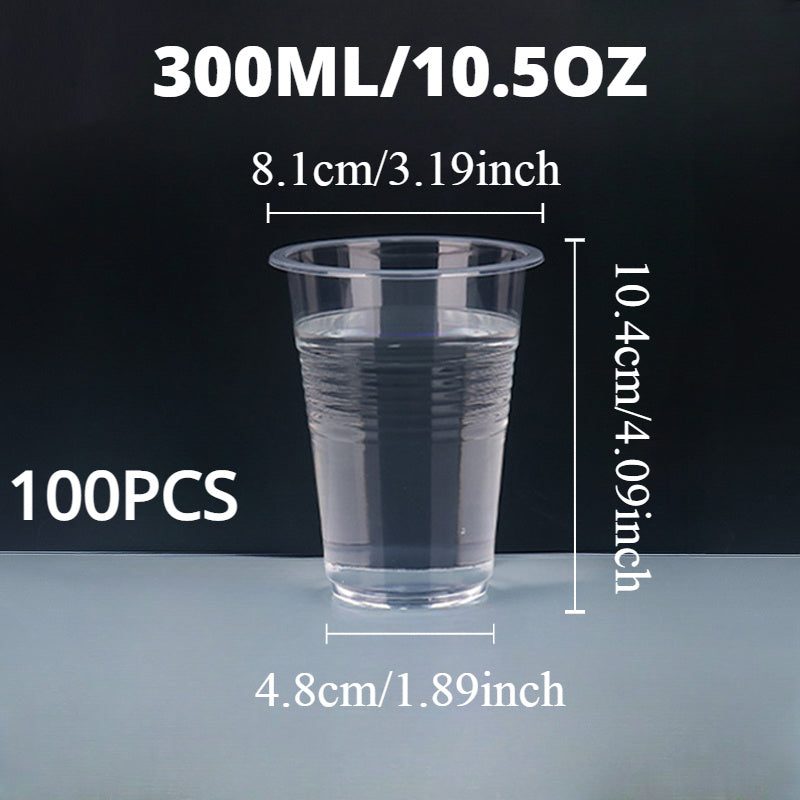 50 to 100 pieces of high-quality disposable plastic cups, with a clear design suitable for serving snacks, fruits, and cold drinks. These cups are recyclable and are perfect for use at home parties, restaurants, picnics, and other events.