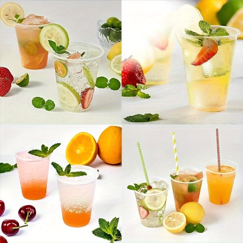 50 to 100 pieces of high-quality disposable plastic cups, with a clear design suitable for serving snacks, fruits, and cold drinks. These cups are recyclable and are perfect for use at home parties, restaurants, picnics, and other events.