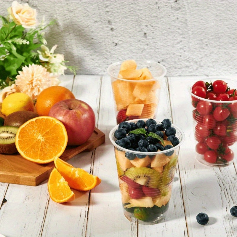 50 to 100 pieces of high-quality disposable plastic cups, with a clear design suitable for serving snacks, fruits, and cold drinks. These cups are recyclable and are perfect for use at home parties, restaurants, picnics, and other events.