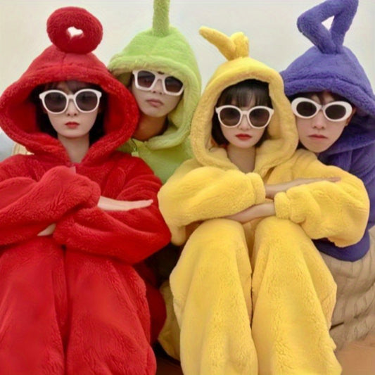 Teletubbies kattalar uchun kapüşonli kombinezon pijamalari, yumshoq flanel, qiziqarli multfilm dizayni