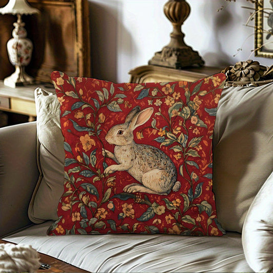 Vintage Red Velvet Rabbit Morris Style Throw Pillow Cover, Machine Washable with Zipper Closure, Polyester, Decorative Cushion Case for Any Room, 44.98x44.98 cm