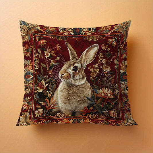 Hypoallergenic vintage Morris style rabbit print throw pillow cover in woven polyester peach skin velvet, with invisible zipper. Machine washable, suitable for home decor, sofa, and bedroom. Measures 44.98x44.98 cm.