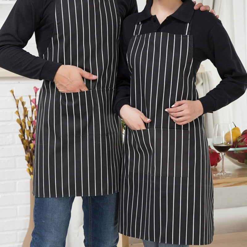 One piece of a striped chef apron designed for hotel and restaurant kitchen chef work. This apron is ideal for coffee shops, with a long neck hanging design to prevent stains and keep kitchen supplies clean.